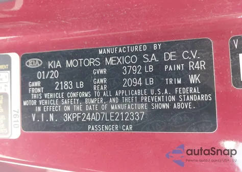 2020 Kia Forte Lxs z USA, uszkodzony, nr VIN 3KPF24AD7LE212337